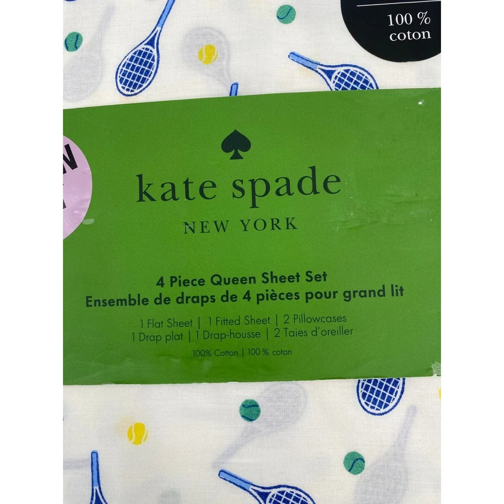 Kate Spade Sheet Set Queen White Tennis Pickleball 100% Cotton Racquet Preppy